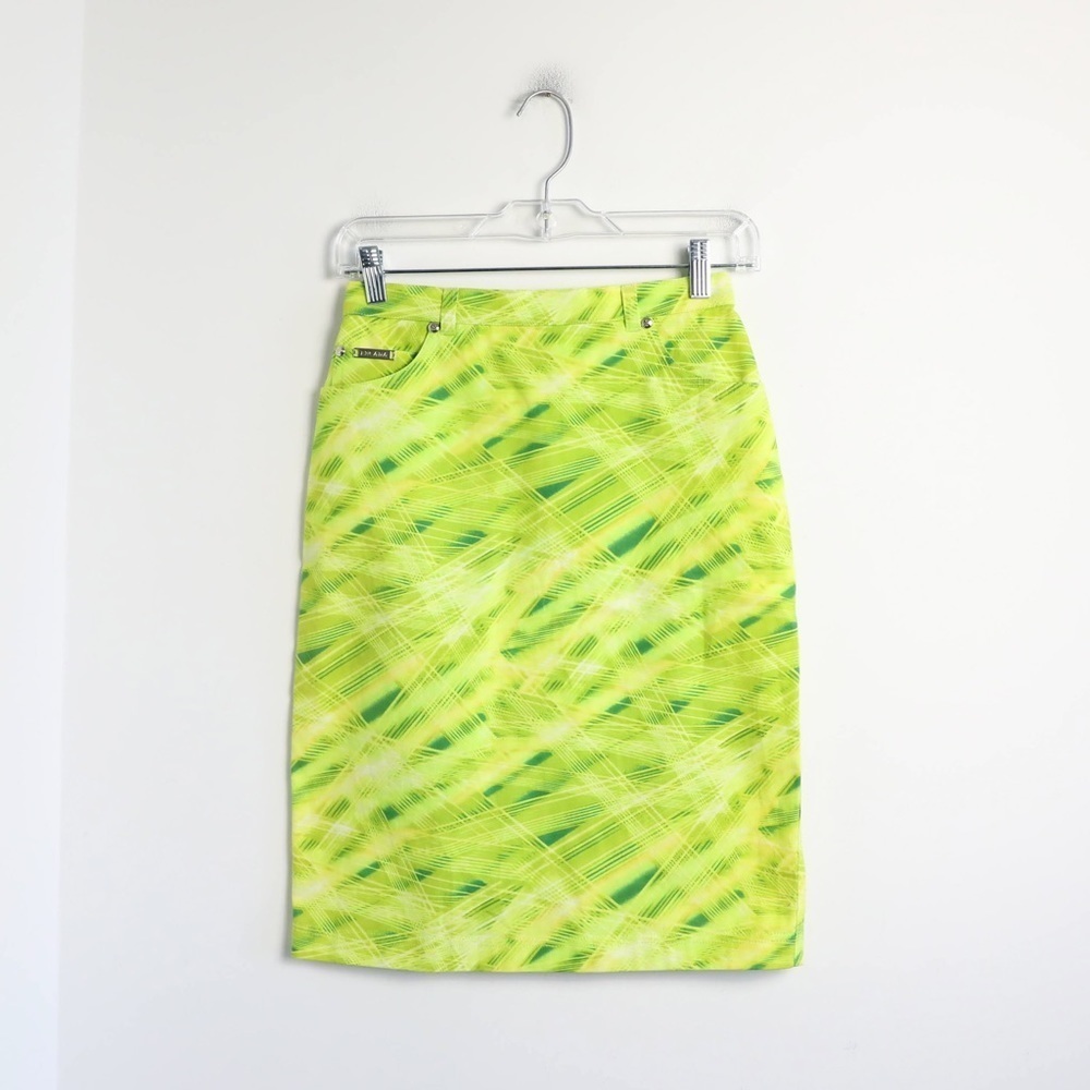 Escada vintage pencil skirt neon green yellow rave Y2K 90s fun cotton high waist